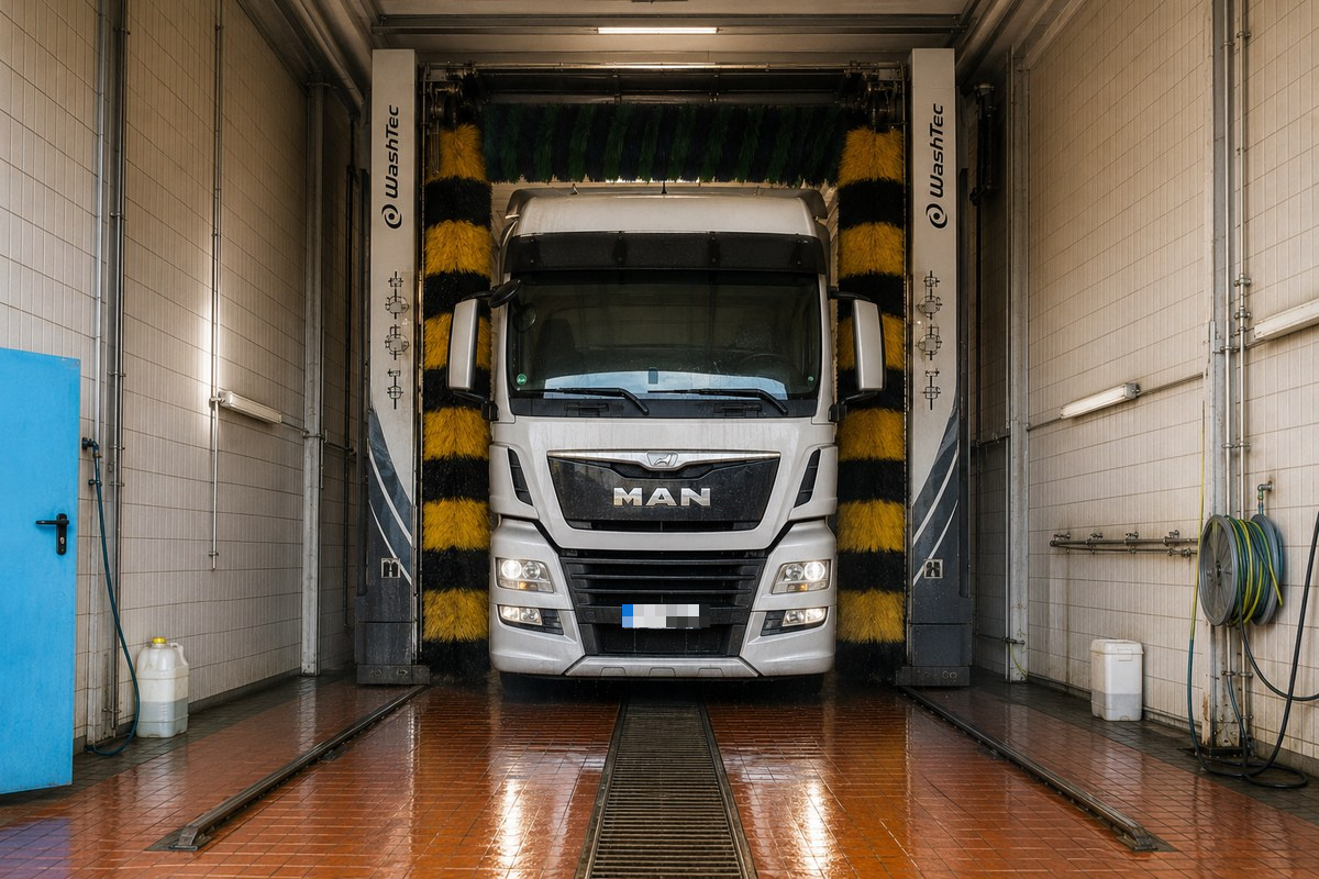 3-Bürsten-Waschanlage Mädl in Weiden während der LKW-Wäsche