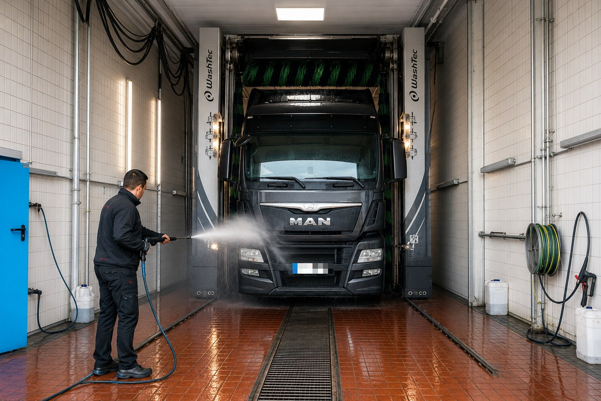 Dampfstrahler im Einsatz an einem LKW in der LKW Waschanlage Mädl